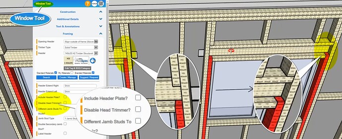 Wall framing window and door header options changed in PlusSpec PlusDesignBuild and PlusAchitect VDC BIM Estimating and detailing for Sketchup