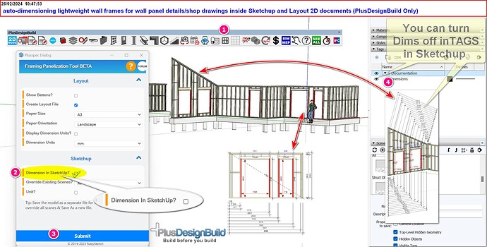 auto-dimensioning lightweight wall frames for wall panel details shop drawings inside Sketchup and Layout 2D documents PlusDesignBuild