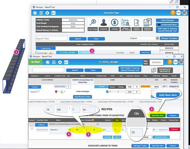 How to quantify steel by weight Kilograms, pounds, tons or Tonnes in PlusSpecs PlusDesignBuild