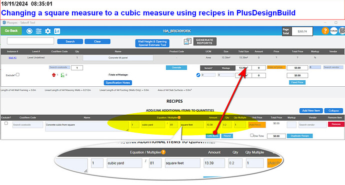 Changing square ft to cubic yards using recipes inside PlusSpecs PlusDesignBuild for Sketchup