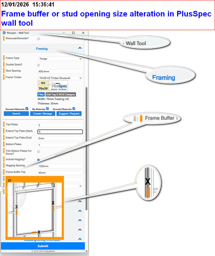 Frame buffer or stud opening size alteration in PlusSpec wall tool