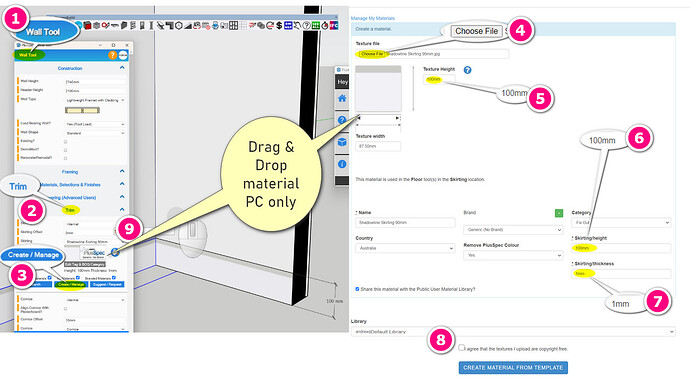 Adding shadow line material for Skirting baseboard in PlusSpec BIM for Sketchup