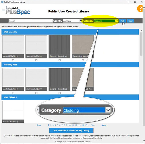 PlusSpec material library to get free BIM enabled materials Sketchup that have thickness and can be quantified with the estimating tool