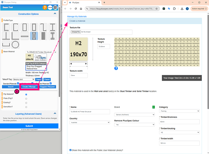 create beam manage material plusspec