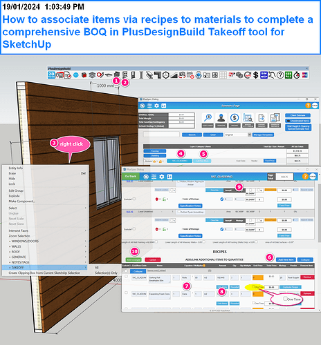 How to associate items via recipes to materials to complete a comprehensive BOQ in PlusDesignBuild Takeoff tool for SketchUp.png