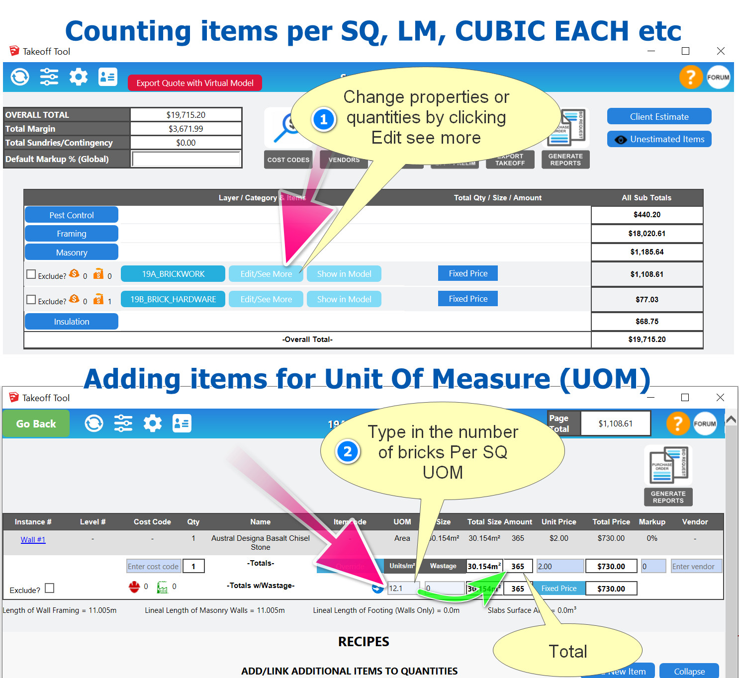 quantifying or counting items per unit of measure sqaure, linial, cubic, each in estimating software PlusDesignBuild.jpg