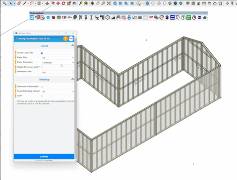 2d 3d Wall frame panelization drawing plugin for Sketchup model in PlusDesignBuild.gif