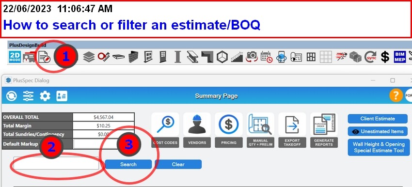 How to search or filter an estimate form a BIM  BOQ in PlusSpec PlusDesignBuild for Sketchup .jpg